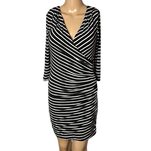 Le Château,faux wrap B&W dress S, NEW! surplice striped,pleats,ruching,stretchy - Picture 4 of 13